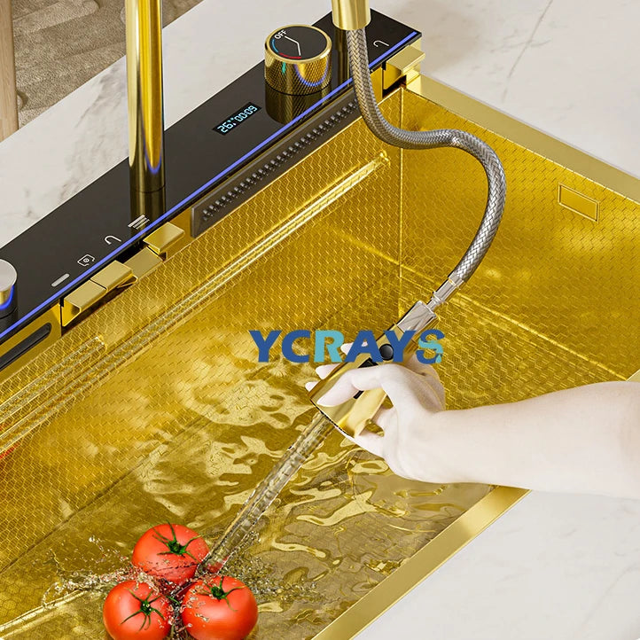 YCRAYS White Nano Kitchen Sink Large Single Slot Waterfall Integrated Digital Display Faucet Soap Dispenser Cup Washer Pure Tap