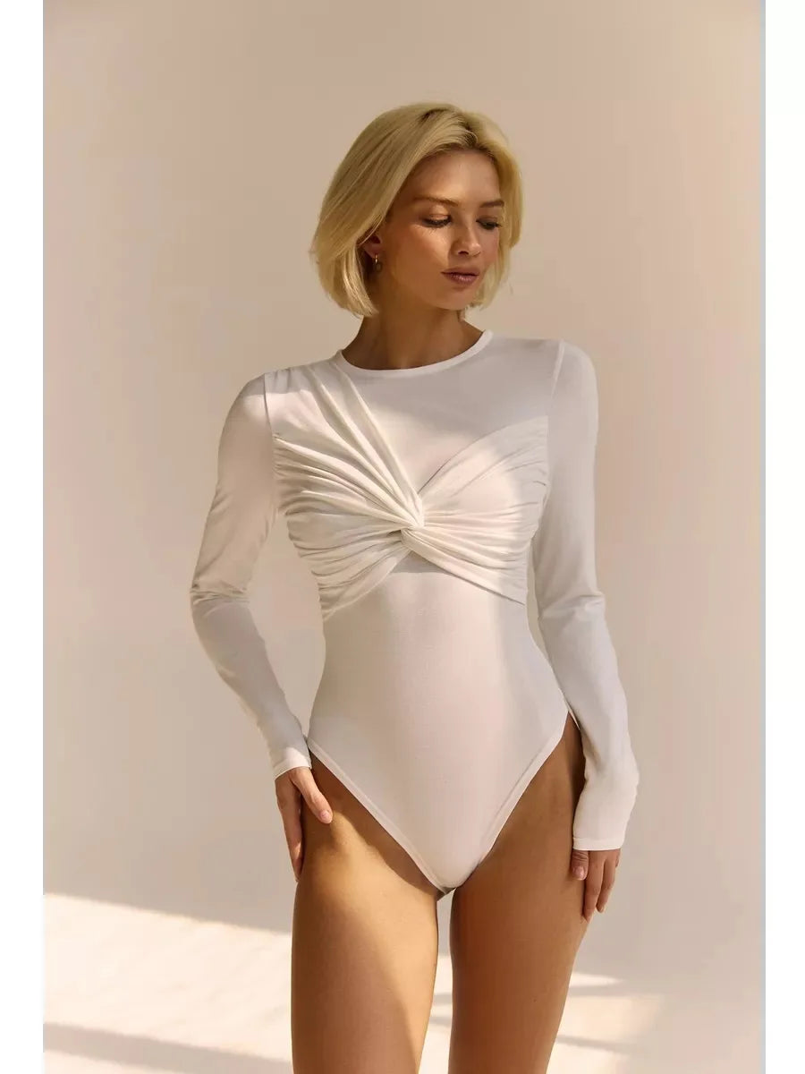 Autumn Long Sleeves Pleated Cross Over The Chest Slim Bodysuits Solid Fashion Sexy High Street Nightclub Party Outfits Jumpsuits.