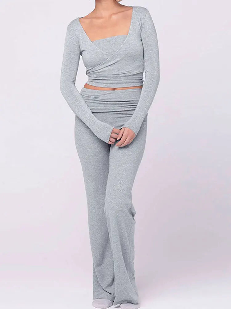 Spring New Women's T-shirt Pants 2 Piece Set Streetwear Fashion Long Sleeves Lace-up Tees Casual Trousers Elegant Slim Clothing.