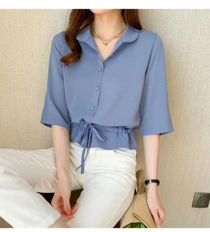 Summer Women All-match Solid Turn-down Collar Half Sleeve Chiffon Shirt Fashion Casual Shirring Single-breasted Blouses Female.
