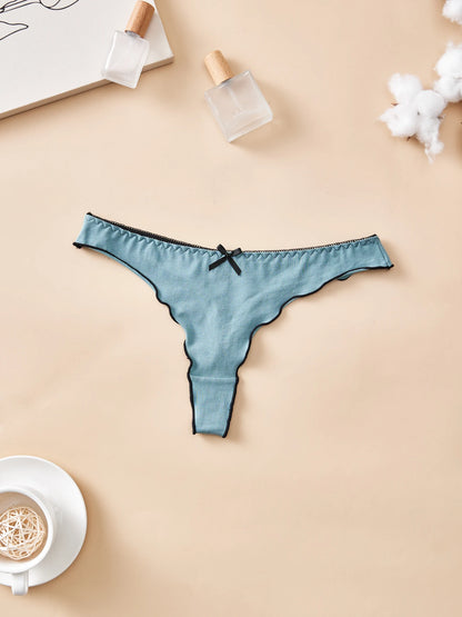 4pcs women's cotton solid color thong sexy comfortable women's underwear daily breathable T-back knitted bow cute girl low-waist.