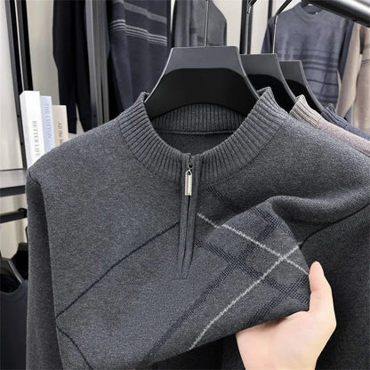 Men's New Thickened Turtleneck Knitwear Autumn Winter New Zipper Solid Color Sweater Middle Aged Warm Knit Top.