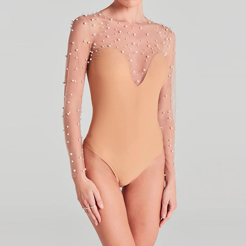 Sexy Bead Patchwork Slim Club Jumpsuit Spring Summer Casual Lady Slim One Piece Romper Fashion O Neck Long Sleeve Inner Playsuit.