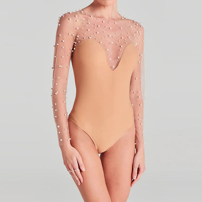 Sexy Bead Patchwork Slim Club Jumpsuit Spring Summer Casual Lady Slim One Piece Romper Fashion O Neck Long Sleeve Inner Playsuit.