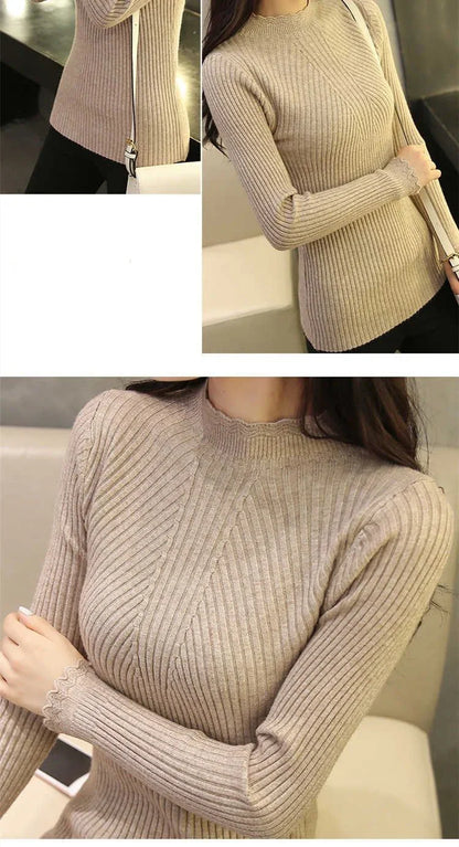 Frauen Mock Neck Rüschen Pullover Langarm Gestrickte Bodenbildung Solide Pullover Frauen Casual Streifen Pullover Herbst Winter 2023.