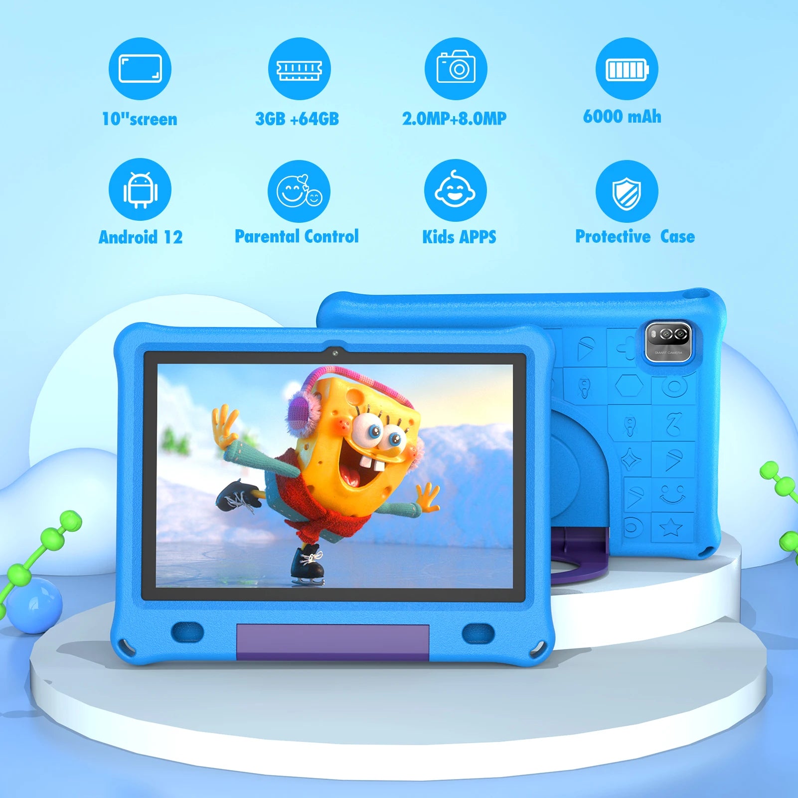 Pritom 10.1 Inch Kids Tablet Android 12 WIFI 6 Quad Core Processor 3GB RAM 64GB ROM YouTube with EVA Protective Case.