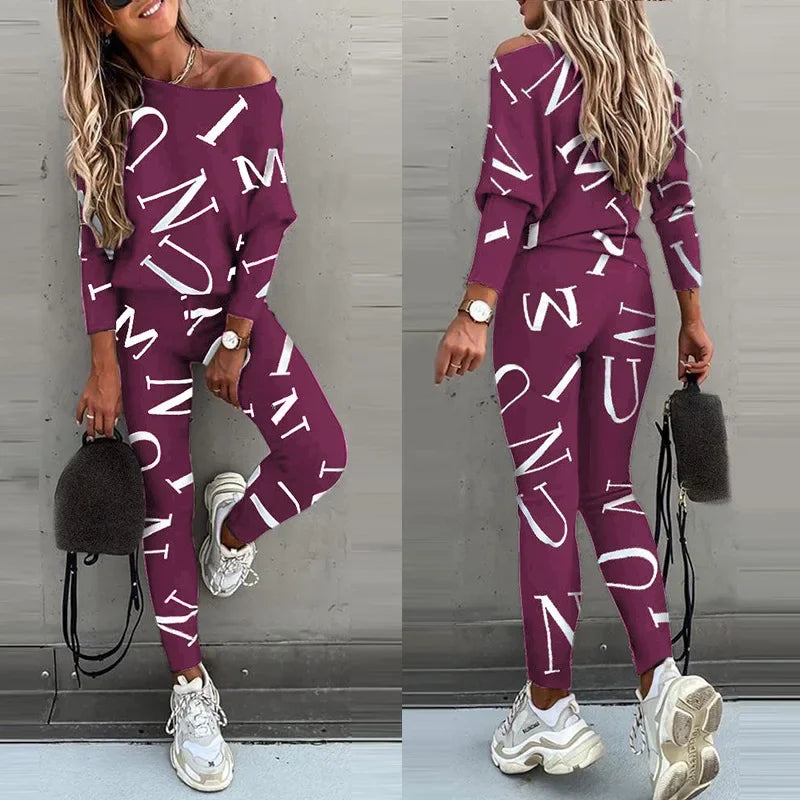 Autumn New Women's Fashion Letter Print Sexy Off Shoulder Long Sleeved Leggings Long Pants Casual Comfortable Two-piece Set.