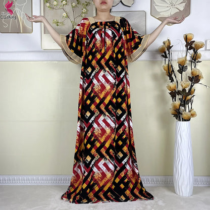 New Muslim Dubai Elegant Dress Summer Short Sleeve African Abaya Printing Cotton Loose Femme Robe Islamic Dresses With Scarf.