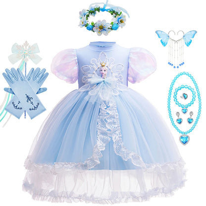 Mädchen Schneekönigin Spitze Schleife Prinzessin Kleid Elsa Cosplay Disney Performance Kleidung Kinder Halloween Karneval Party Fee Outfits