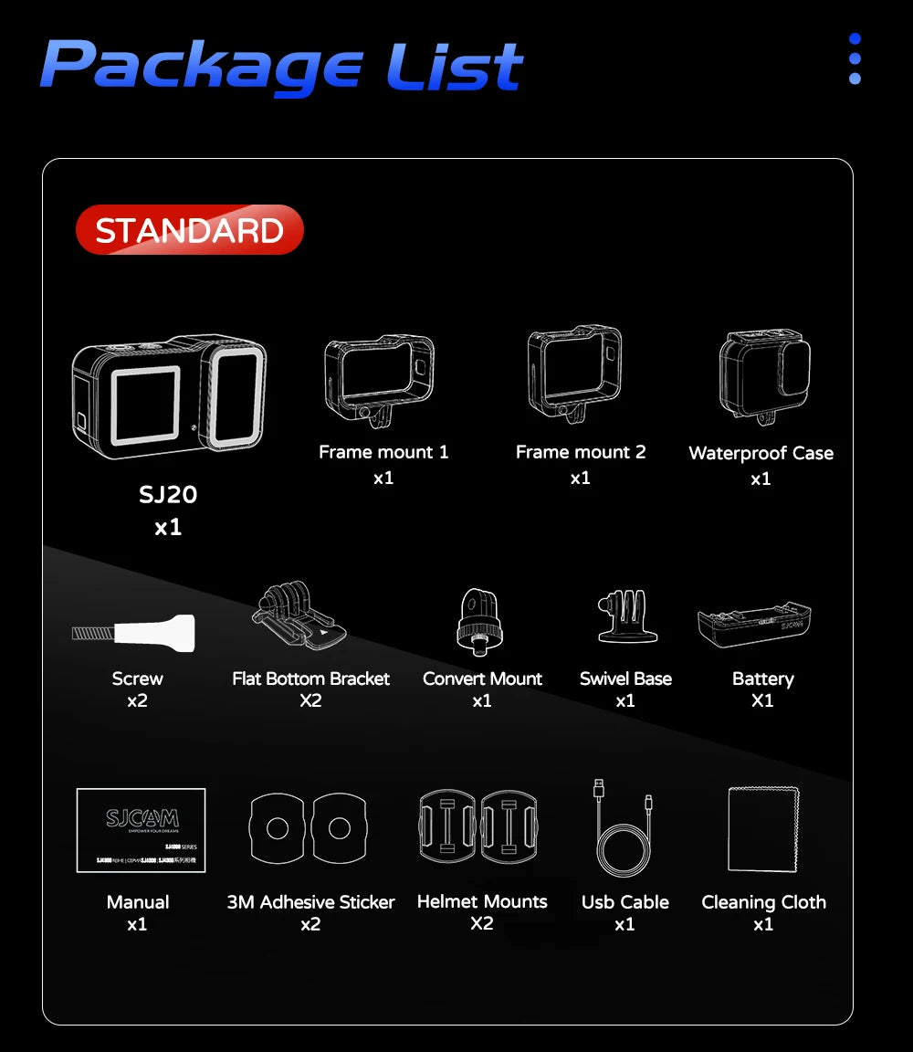 SJCAM SJ20 4K Anti-Shake Action Camera Dual Lens Waterproof 5G WiFi Touch Screen Motion Detection Multifunctional Sports Cam