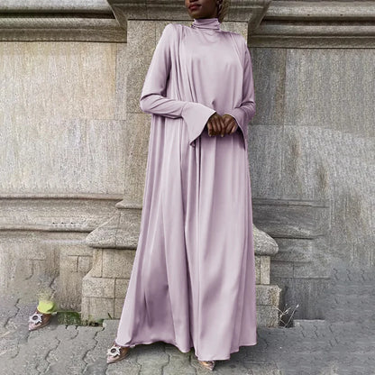 VONDA Frauen Böhmischen Lange Maxi Kleid 2024, Elegante Langarm Hohe Kragen Roben Casual Einfarbig Vestidos Vintage Sommerkleid.