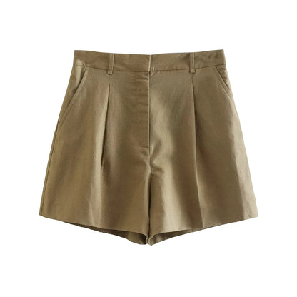 Women Fashion With Pockets Front Pleats Linen Blend Shorts Vintage High Waist Zipper Fly Female Short Pants Mujer.