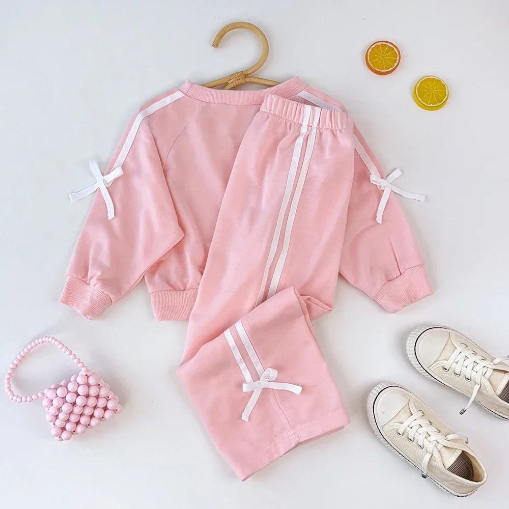 Bear Leader Kids Clothes Girls Autumn Fashion Bow Decoration Pink Sports Top+Pants Two-piece Sets Children's Daily Casual Wear.