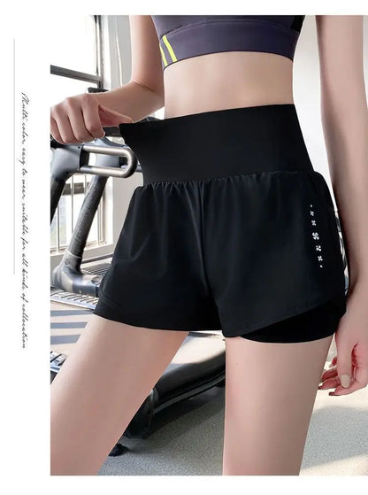 Women Yoga Pocket Shorts Fake Two Piece Anti Peek Shorts High Elastic Loose Fashion Casual Gym Trainning Three Point Pants.