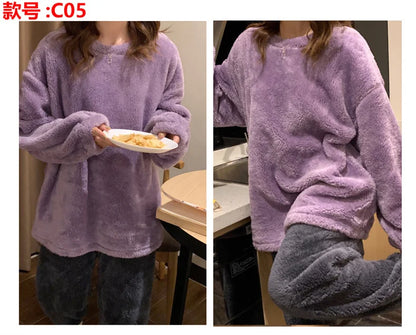 Winter Fleece Women Pajamas Set  Sleepwear Solid Velvet 2 Piece Pant Home Suit Fluffy Casual Warm Flannel Night Wear