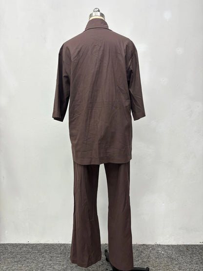 Spring and summer casual shirt long pants two-piece set 2025 new women's fashion lapel loose suit women's daily wear.