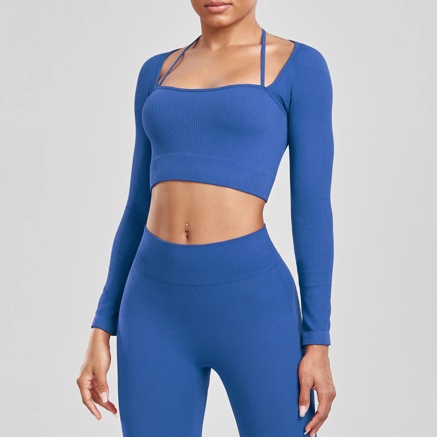 CHRLEISURE Ribbed Seamless Crop Top Women's Long Sleeve Sports Shirt  Elastic Slim Workout Tee Outdoor Yoga Shirts Gym Wear.