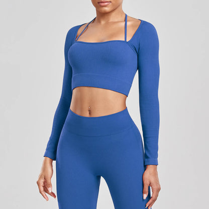 CHRLEISURE Ribbed Seamless Crop Top Women's Long Sleeve Sports Shirt  Elastic Slim Workout Tee Outdoor Yoga Shirts Gym Wear.