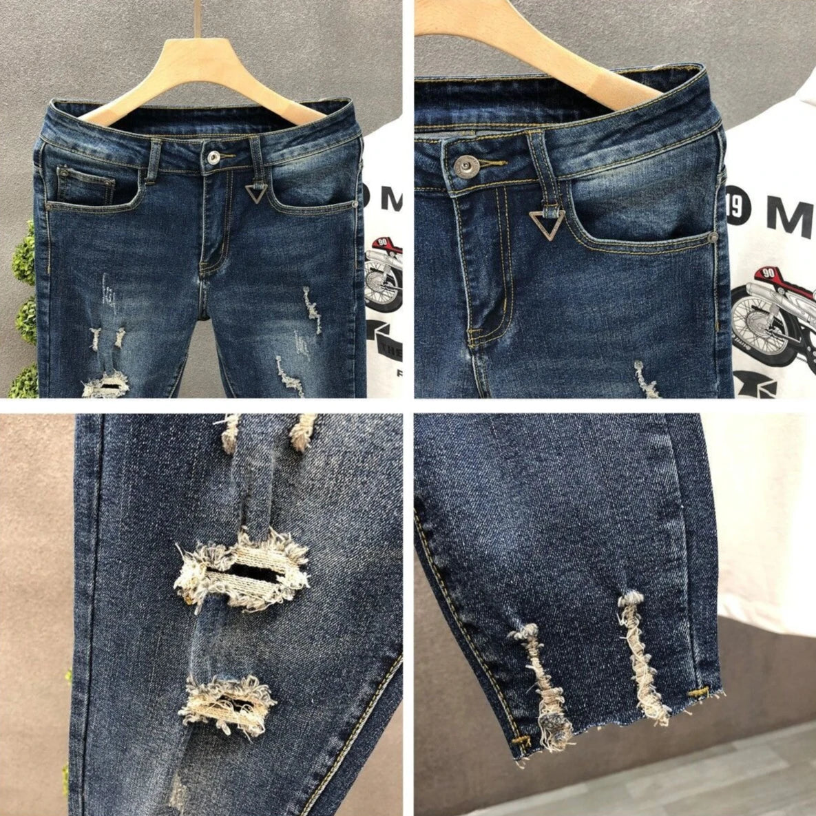 Cropped Jeans for Men Ripped Trousers Broken Korean Fashion Torn Kpop Stacked Trend 2025 Cheap Style with Holes Man Cowboy Pants.