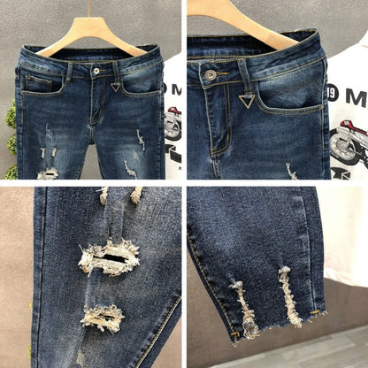 Cropped Jeans for Men Ripped Trousers Broken Korean Fashion Torn Kpop Stacked Trend 2025 Cheap Style with Holes Man Cowboy Pants.