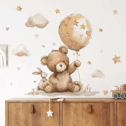 Cute Bear Moon Star Wall Stickers for Kids Rooms Girls Boys Baby Room Decoration Kawaii Cartoon Animal Nursery Wallpaper Vinyl