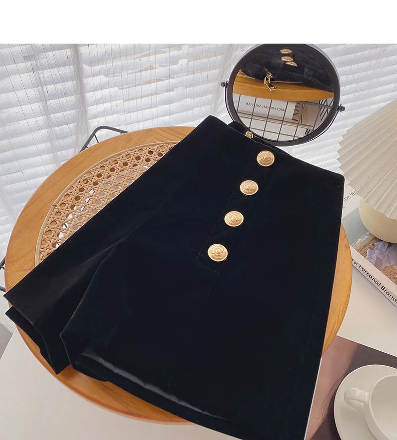 Velvet Black High Waist Slim Shorts Thicked Women's Winter New Korean Fashion Double-breasted Wide Leg Short Pants.