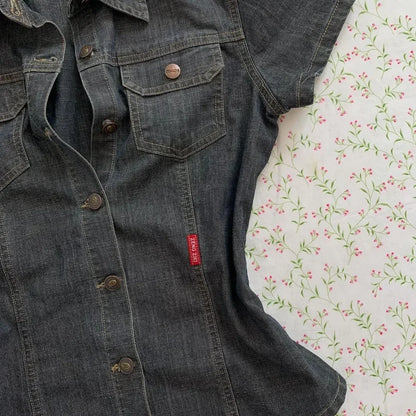 2025 Street European and American Sexy Oversized Denim Shirt Casual High Street Striped Button Top Y2k New Punk Clothing Women.