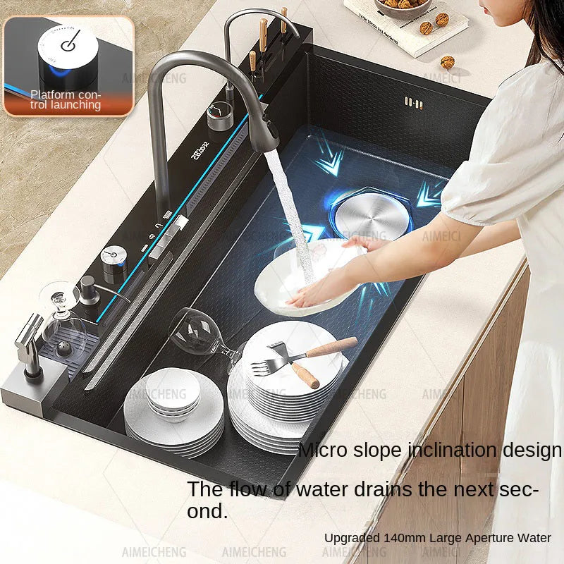 Küchenspüle aus Edelstahl mit Wasserhahn, Digitalanzeige, große Einzelschüssel, Wasserfall, Regen, 5-Funktionen-System, Spülbecken, Spüle
