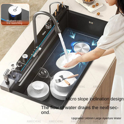 Küchenspüle aus Edelstahl mit Wasserhahn, Digitalanzeige, große Einzelschüssel, Wasserfall, Regen, 5-Funktionen-System, Spülbecken, Spüle