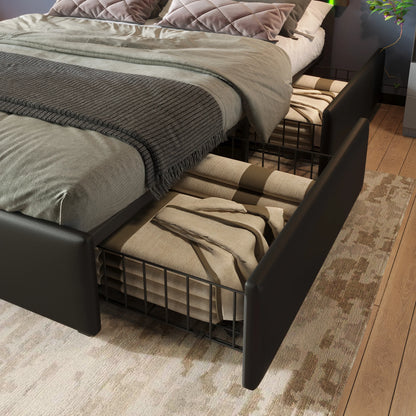 KOMHTOM Polsterbett PU - LED-Beleuchtungsleiste, 4 Schubladen, höhenverstellbares Kopfteil, ohne Matratze