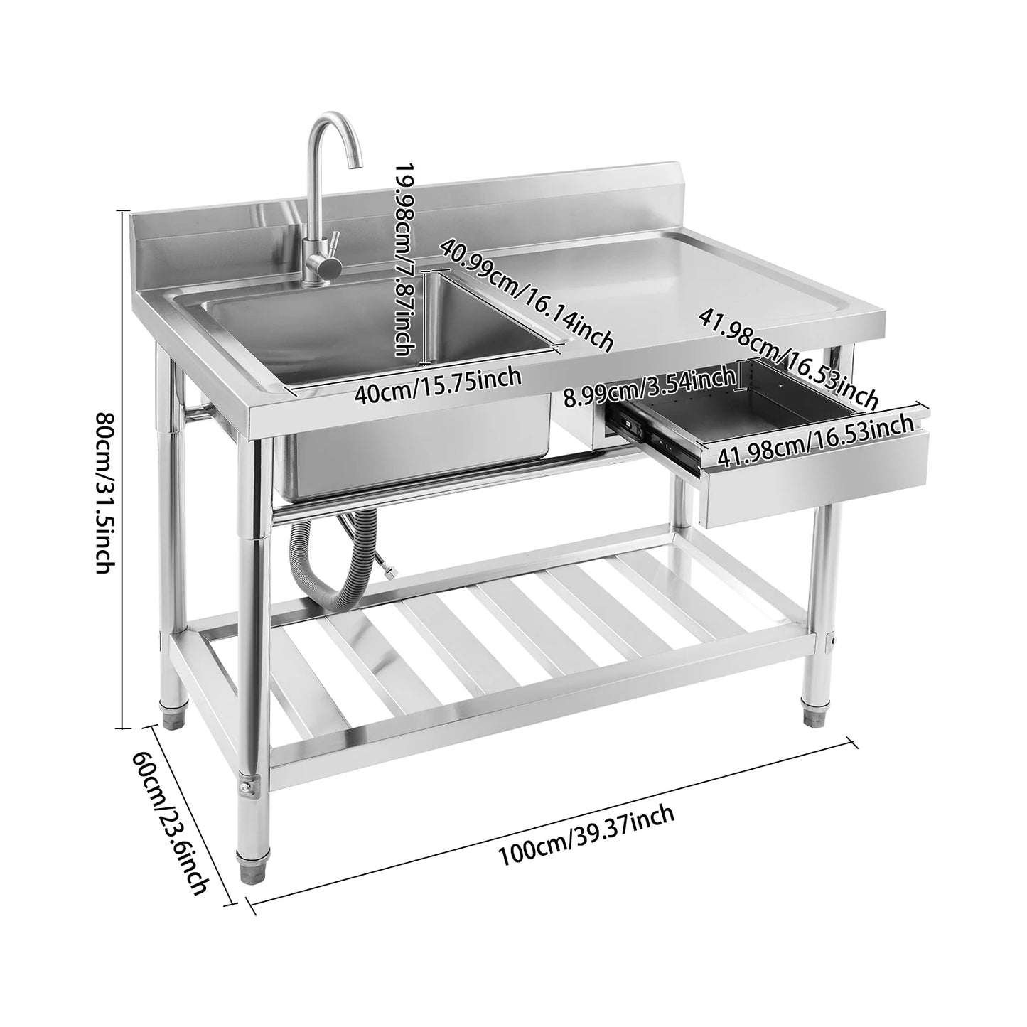 Verdicktes Edelstahl-Spülbecken mit Wasserhahn und Schublade, 150 kg Tragkraft 100 x 60 x 80 cm, für Küche, Restaurant, Wäsche, Garage