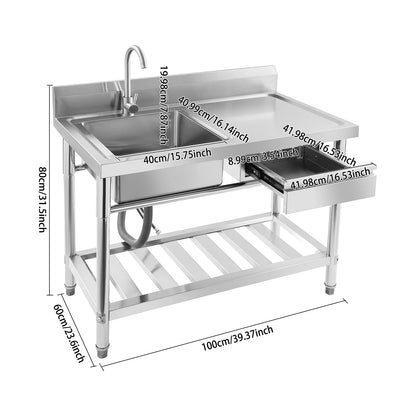 Verdicktes Edelstahl-Spülbecken mit Wasserhahn und Schublade, 150 kg Tragkraft 100 x 60 x 80 cm, für Küche, Restaurant, Wäsche, Garage