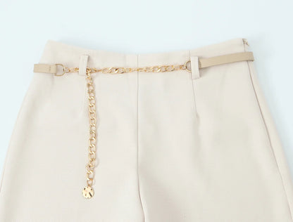 HH Women Solid Pant Set Long Sleeve O-Neck Double-Breasted Blazers+High Waist Chain Matching Side Zipper Trousers Sets