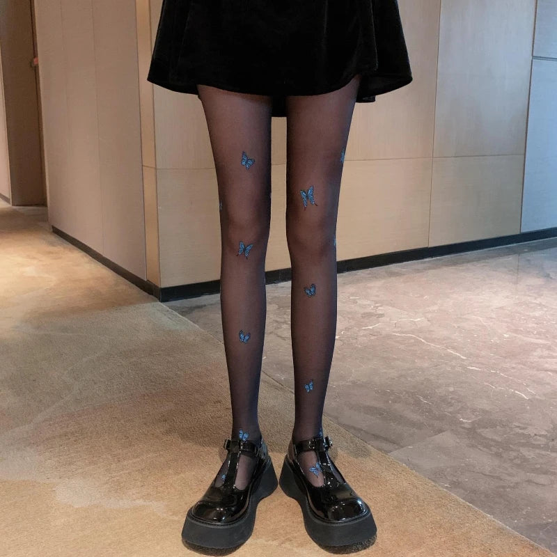 Blue Butterfly Print Tights Ultra-thin Slim Fit Pantyhose Elastic Butterfly Pattern Stockings Women's Stockings Hosiery.