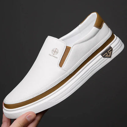 New 2025 Men's Genuine Leather Casual Sneakers Spring Summer Fashion Slip-On White Shoes Soft Sole Comfortable for Everyday Wear.