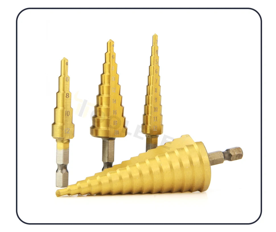 TOOLEYE HSS Titan Stufenbohrer Bühnenbohrer für Metall Holz Hochgeschwindigkeits-Stufenbohrer-Set Elektrowerkzeuge 3-12 4-12 4-20 4-32 mm