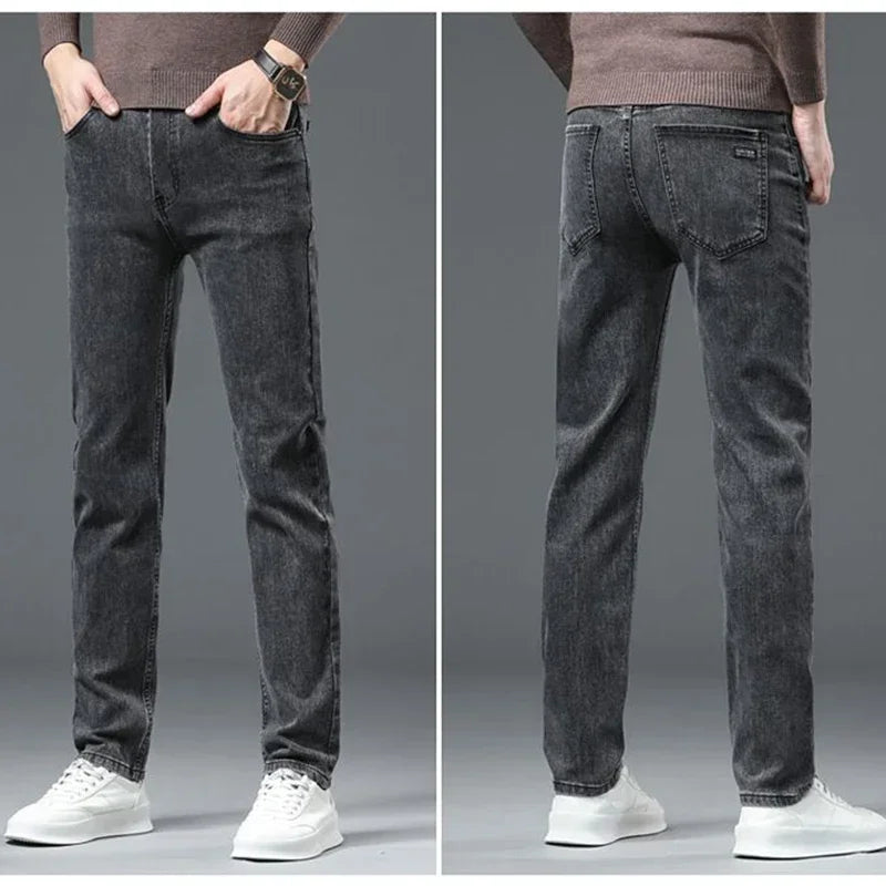 Men Business Denim Pants Male Classic Casual Straight Leg Slim Fit Trousers Elastic Solid Smoke Gray Pants.