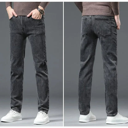Men Business Denim Pants Male Classic Casual Straight Leg Slim Fit Trousers Elastic Solid Smoke Gray Pants.