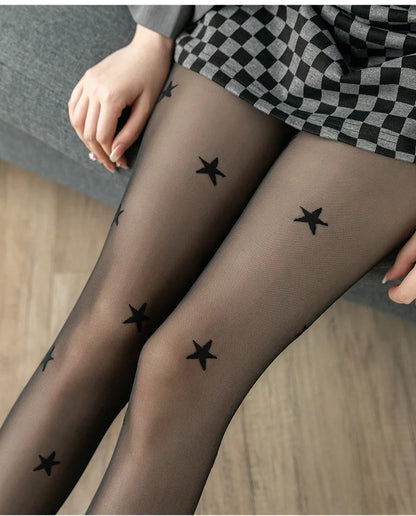 Women Tights Punk Style Star Print Y2k Girls Thigh High Stockings Pantyhose Women Lingerie Sexy Slim Body Stockings Black Tights.