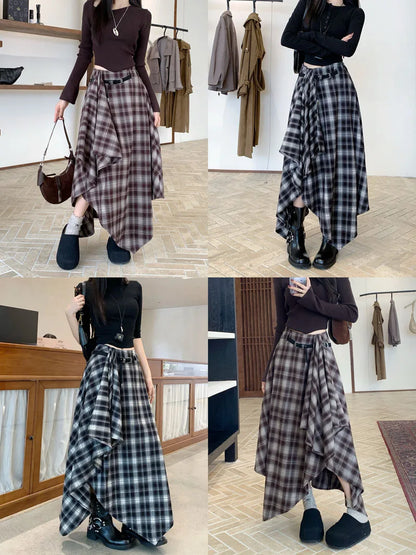 Qiukichonson Long Skirts Women Woolen Skirt 2025 Goth Autumn Winter High Waist Ruffles Asymmetrical Plaid Skirt Maxi With Belt.