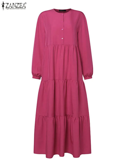 ZANZEA O Neck Casual Loose Maxi Dress Tiered Islamic Hijab Women Long Sleeve Long Vestidos Muslim Fashion Autumn Abaya Robes.