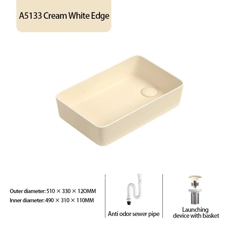 Rechteckiges Waschbecken aus Porzellan-Keramik für Badezimmer, modernes Waschbecken über der Theke mit Abflussset, Waschtischwaschbecken auf der Arbeitsplatte