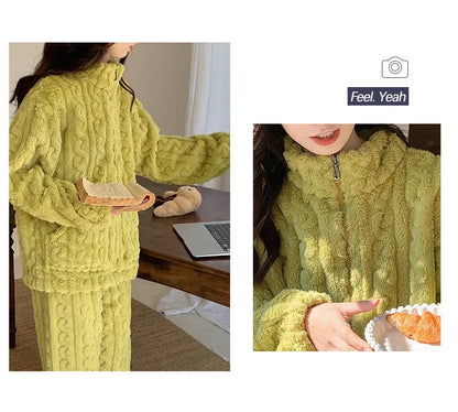 Große Größe Flanell Pyjama Set Herbst Winter Weibliche Nachtwäsche Hosen Anzug Verdicken Korallen Fleece Hohe Kragen Lounge Tragen Homewear.