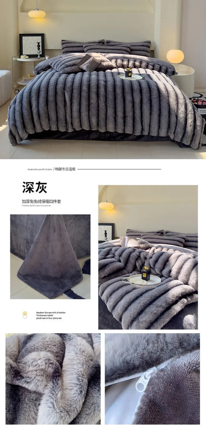 2024 new rabbit velvet milk velvet thickened rabbit fur warm four-piece set, 1.5m 1.8m bed sheet four-piece set