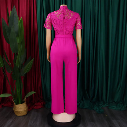Elegant Jumpsuits & Rompers for Women O Neck Lace Patchwork Short Sleeve Sashes High Waisted Luxury Birthday Party Dinner Outfit.