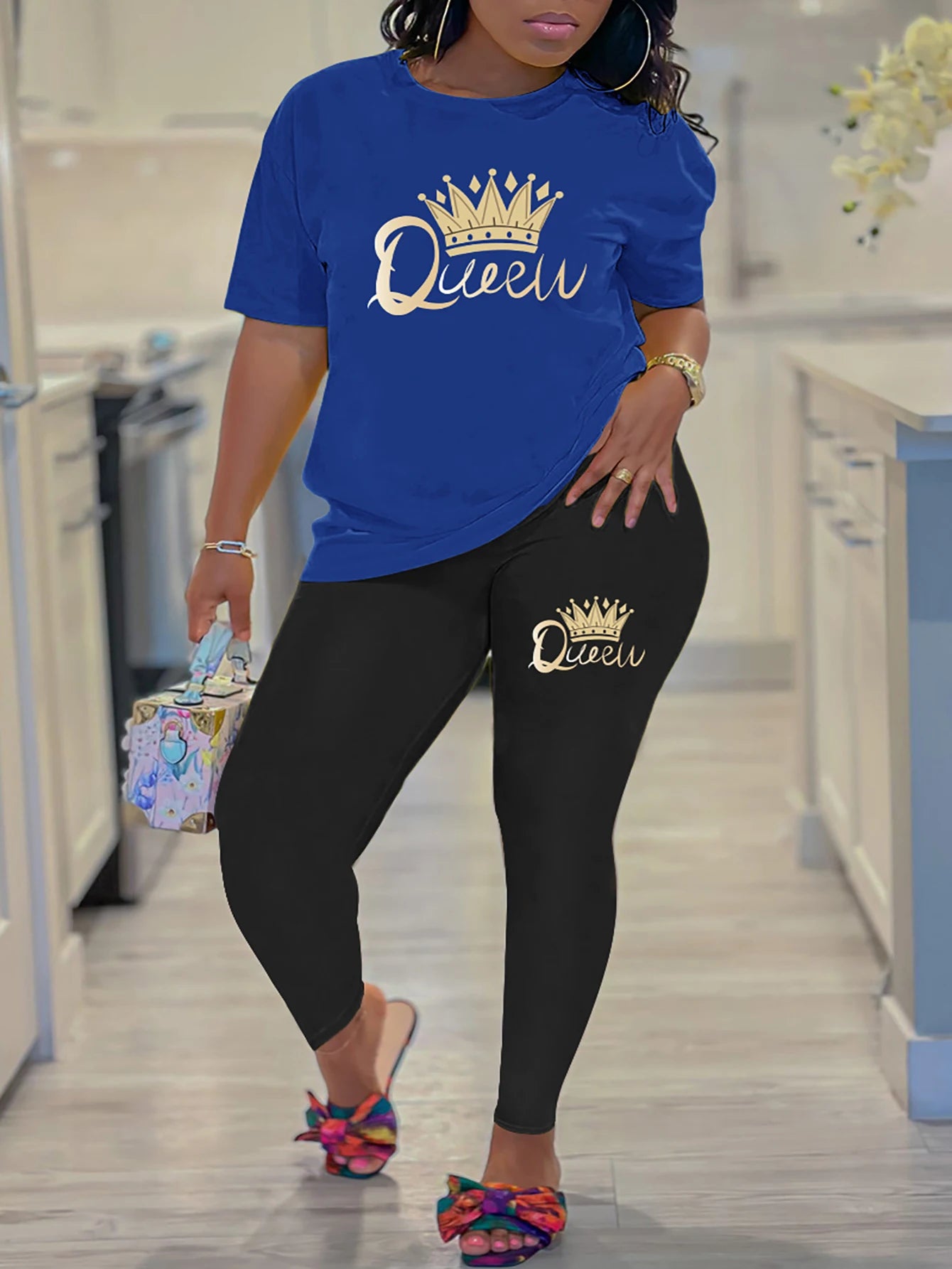 2024 New Summer Women's Printed Comfortable Casual Set 2 piece sets women outfit pants set queen letter printed Short Sleeve Top.