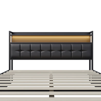 Rosahqnda Doppelbett 160 x 200 cm, mit Steckdose und LED, Kopfteil mit Stauraum und hydraulischem Stauraum, Schlafzimmer für Teenager, Leinen/PU