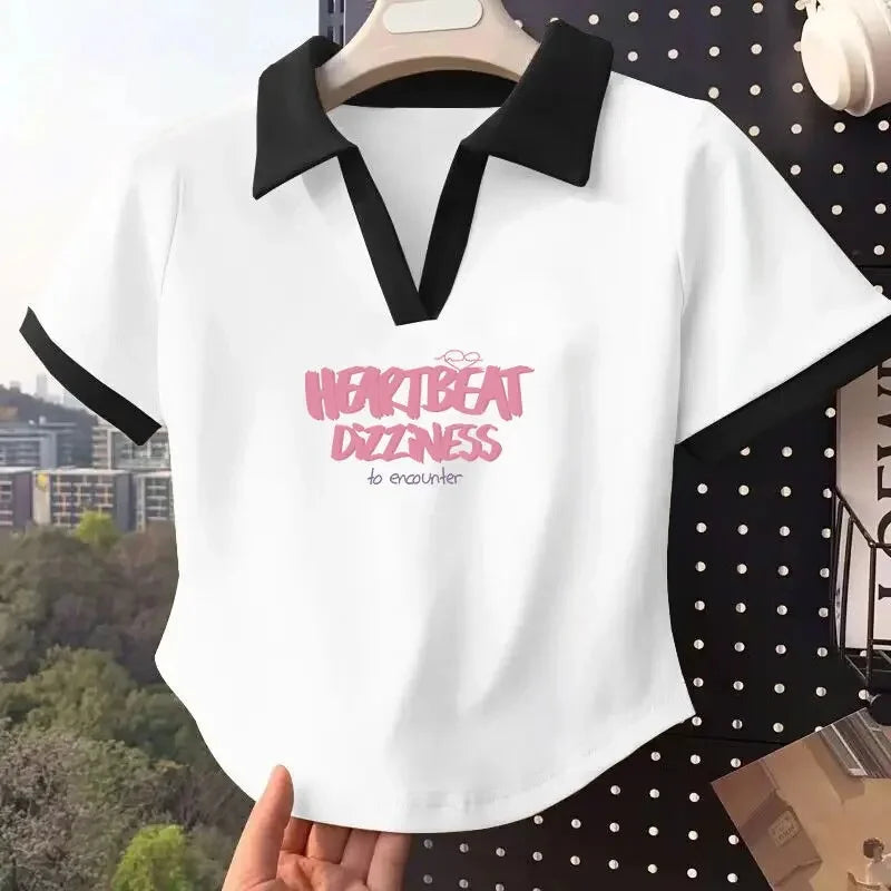 Color Block Polo Neck Short Sleeve T-Shirt Women's Fashion Summer Top plus Size Small Figure Friendly Cotton Blend T-Shirt