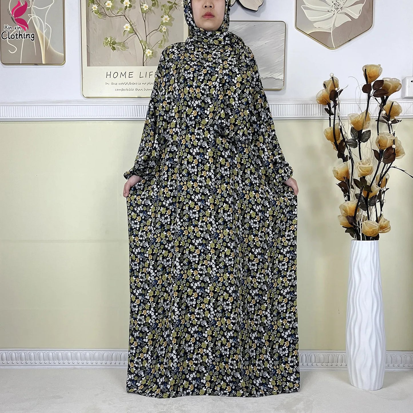 2025 New Muslim Abayas For Women Ramadan Prayer Garment Dubai Middle East Femme Robe Cotton Loose African Dress Turban Attached