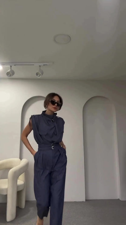 Spring Summer New Women's Clothing Personalized Shoulder Slimming Waist-Slimming Belt Decoration Blouse Top Pants Set.